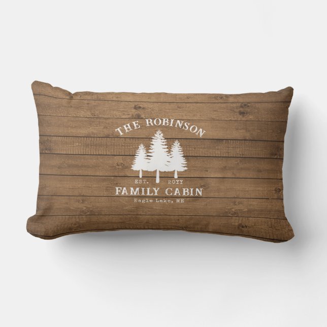 Rustic Country Family Cabin Trees Wood Plank Print Lumbar Pillow (Front)