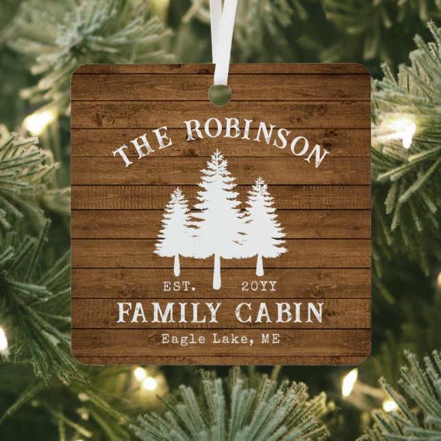Rustic Country Family Cabin Trees Wood Plank Print Metal Ornament (Insitu)