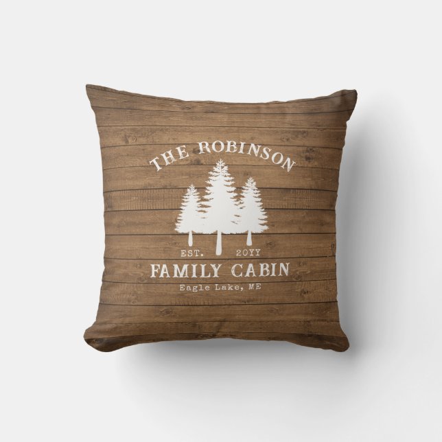 Rustic Country Family Cabin Trees Wood Plank Print Outdoor Pillow (Front)