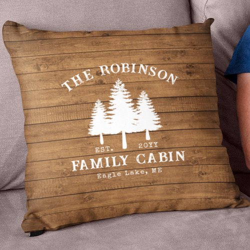 Rustic Country Family Cabin Trees Wood Plank Print Throw Pillow
