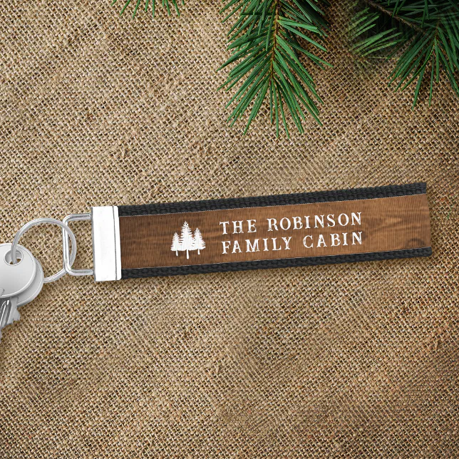 Rustic Country Family Cabin Trees Wood Style Print Wrist Keychain | Zazzle