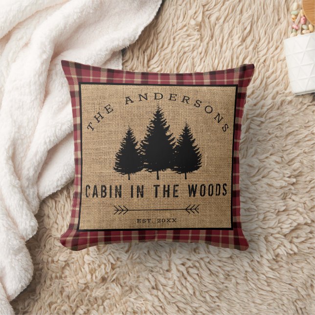 Rustic Country Family Name Cabin in the Woods Throw Pillow (Blanket)