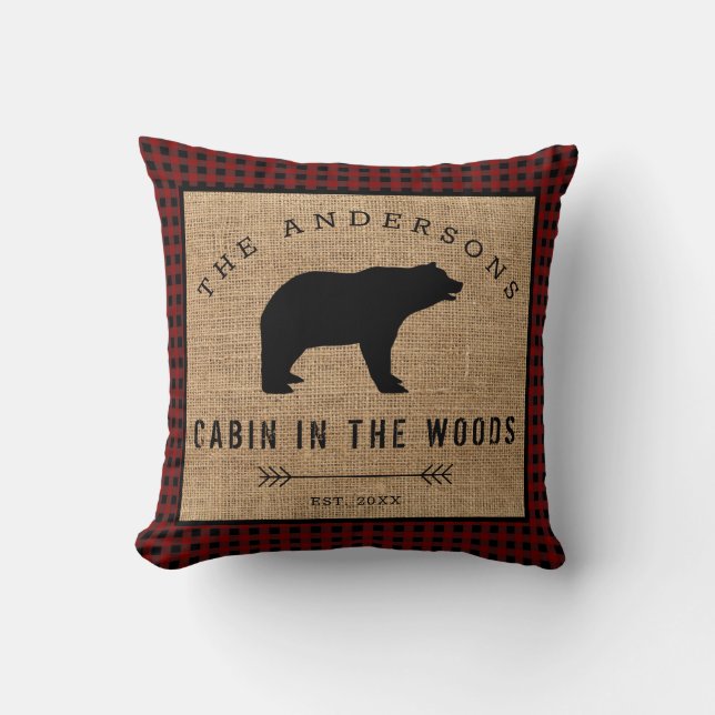 Rustic Country Family Name Cabin in the Woods Throw Pillow (Front)