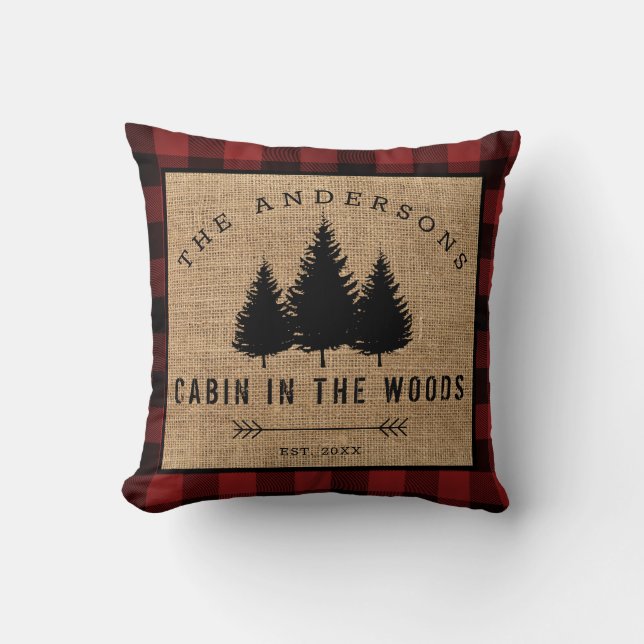 Rustic Country Family Name Cabin in the Woods Throw Pillow (Front)