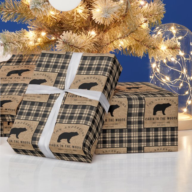 Rustic Country Family Name Cabin in the Woods  Wrapping Paper (Holidays)