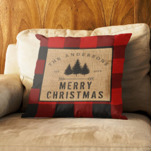 Rustic Country Family Name Merry Christmas Plaid Throw Pillow