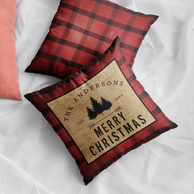 Rustic Country Family Name Merry Christmas Plaid  Throw Pillow (Creator Uploaded)