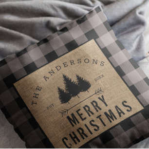 Rustic Country Family Name Merry Christmas Plaid Throw Pillow