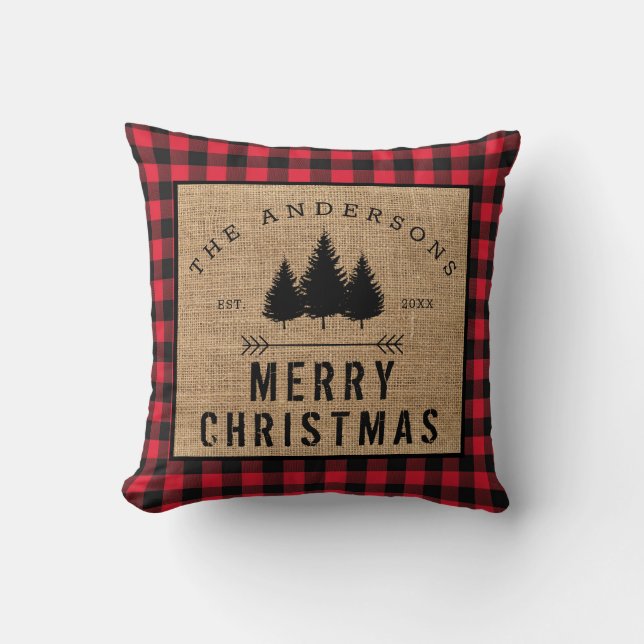 Rustic Country Family Name Merry Christmas Plaid Throw Pillow (Front)