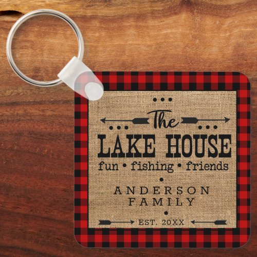 Rustic Country Family Name Plaid Lake House    Keychain