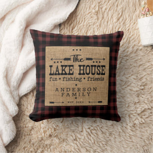 Rustic Country Family Name Plaid Lake House Throw Pillow
