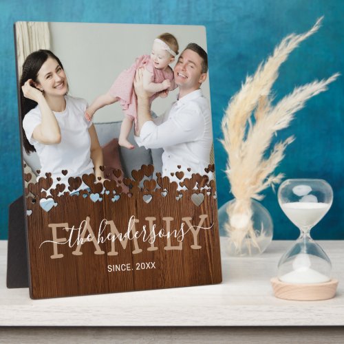 Rustic Country Family Photo Plaque - Personalized rustic photo plaque for the home featuring a precious family photo, a dark wooden heart design, the word "FAMILY", your name in an elegant script font, and the date.