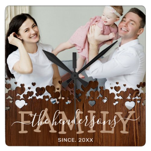 Rustic Country Family Photo Square Wall Clock