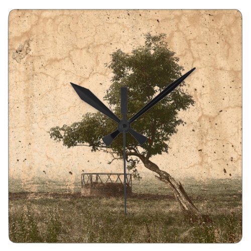 Rustic Country Farm Beige Vintage Antique Tree Square Wall Clock