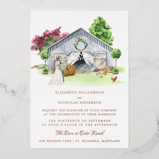 Rustic Country Farm | Elegant Barn Wedding  Foil Invitation (Front)
