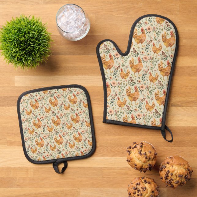 Rustic Country Farm Hen Oven Mitt & Pot Holder Set (Top Down)