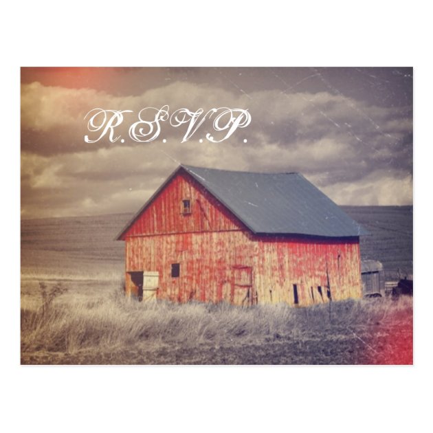 Rustic Country Farm Red Barn Wedding RSVP Postcard