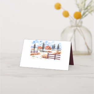 Rustic Country Farm Snow Watercolor Winter Wedding Place Card
