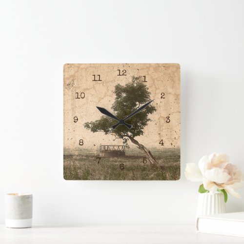 Rustic Country Farm Tree Beige Vintage Antique Square Wall Clock