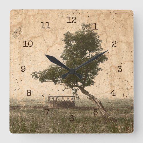 Rustic Country Farm Tree Beige Vintage Antique Square Wall Clock