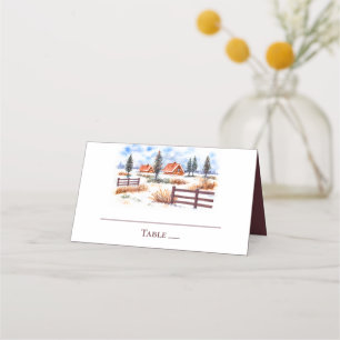 Rustic Country Farm Watercolor Winter Wedding Place Card