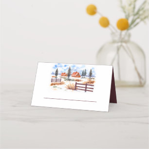 Rustic Country Farm Watercolor Winter Wedding Place Card