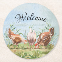 Rustic Country Farmhouse Chickens Rooster Round Paper Coaster