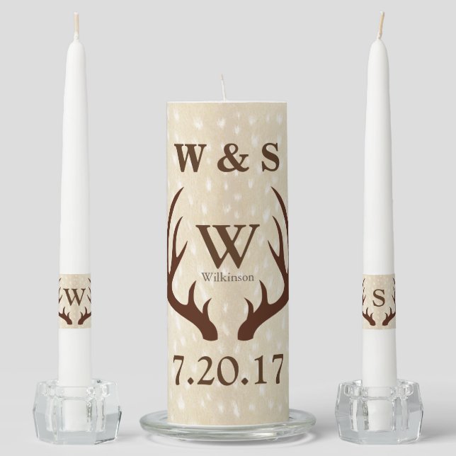 Rustic Country Farmhouse Deer Antlers & Fawn Fur Unity Candle Set (Front)
