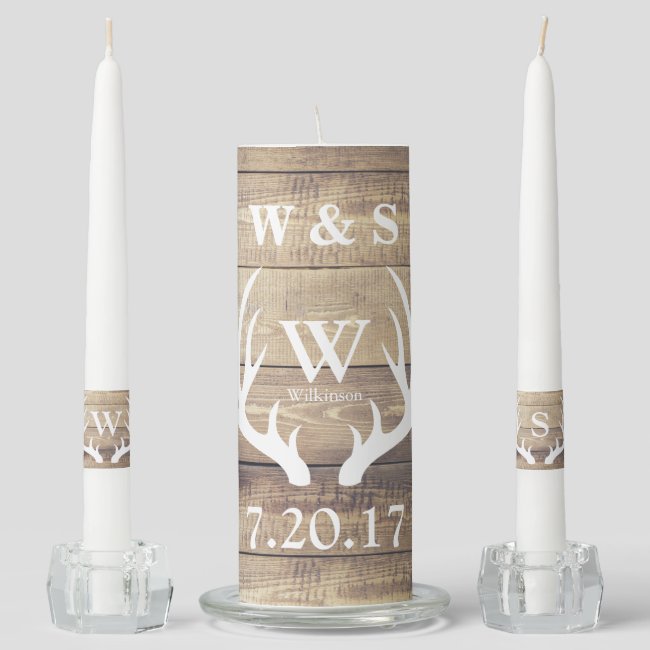Rustic Country Farmhouse Deer Antlers Wedding Unity Candle Set