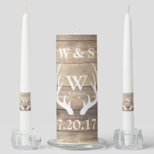 Rustic Country Farmhouse Deer Antlers Wedding Unity Candle Set