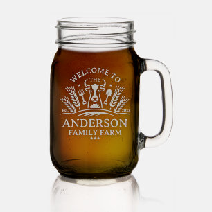 Rustic Country Farmhouse Family Farm Custom Name Mason Jar W/ Handle