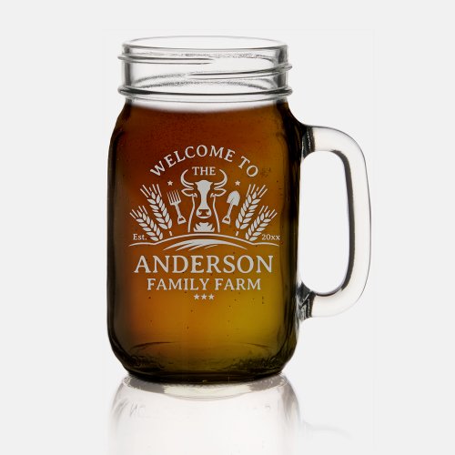 Rustic Country Farmhouse Family Farm Custom Name  Mason Jar W Handle