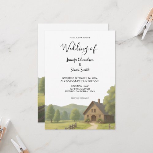 Rustic country farmhouse rural monogrammed wedding invitation