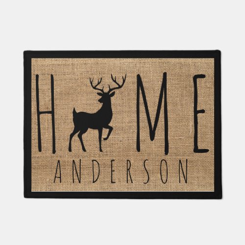 Rustic Country Faux Burlap Buck Family Name    Doormat