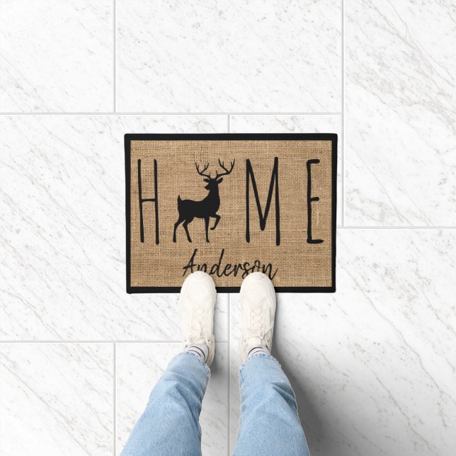 Rustic Country Faux Burlap Buck Family Name    Doormat (Indoor)