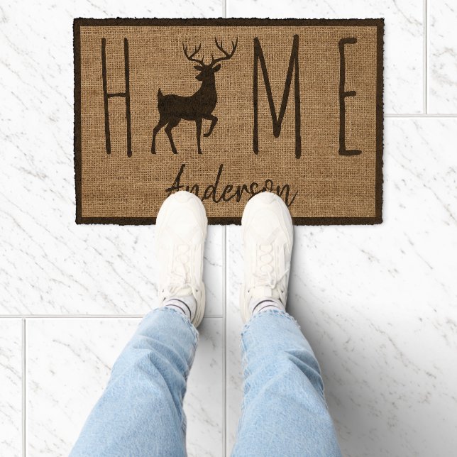 Rustic Country Faux Burlap Buck Family Name    Fiber Doormat (Insitu)