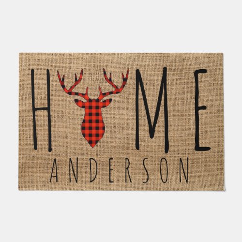 Rustic Country Faux Burlap Buck Head Family Name D Doormat