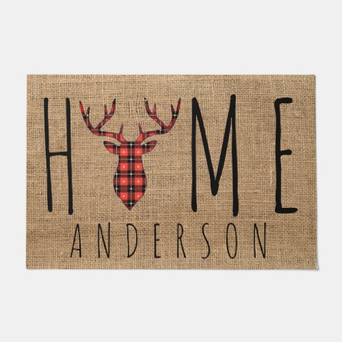 Rustic Country Faux Burlap Buck Head Family Name D Doormat