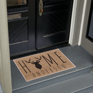 Rustic Country Faux Burlap Buck Head Family Name Doormat