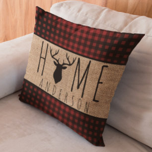 Rustic Country Faux Burlap Buck Head Family Name T Throw Pillow