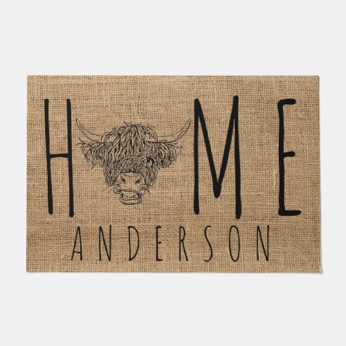 Rustic Country Faux Burlap Cute Longhorn Cow Head Doormat