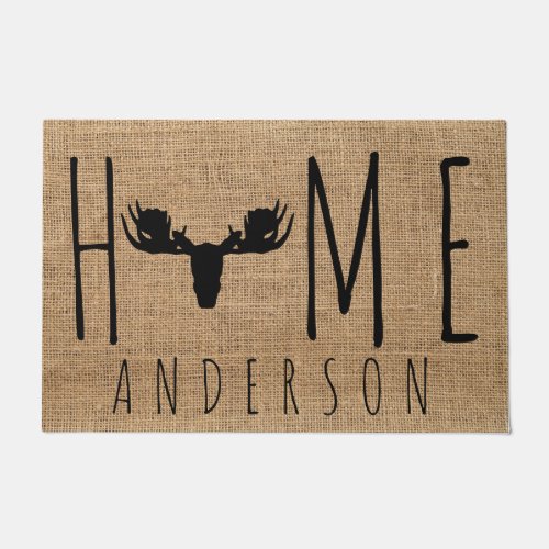 Rustic Country Faux Burlap Moose Head Family Name Doormat