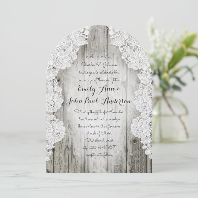 Rustic Country Faux Lace Barn Wood Wedding Invitation (Standing Front)