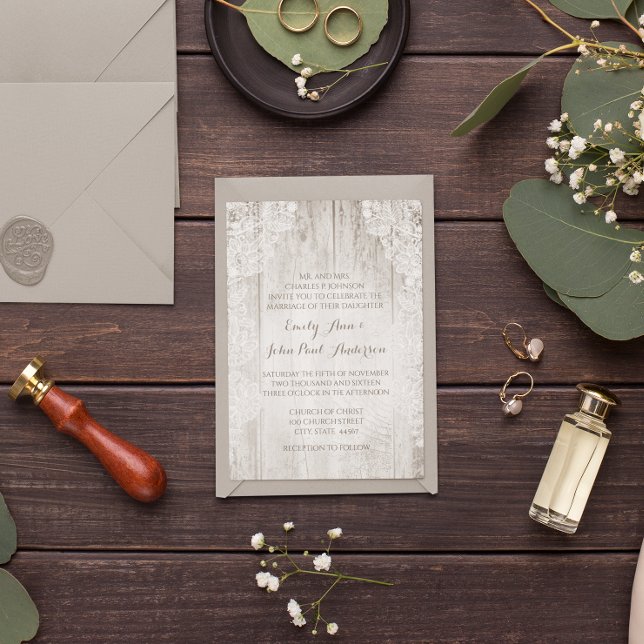 Rustic Country Faux Lace Barn Wood Wedding Invitation (Creator Uploaded)
