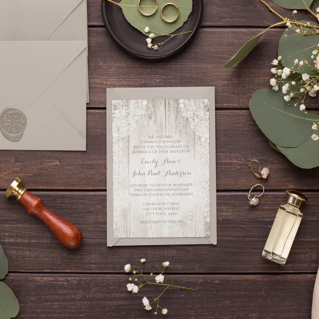 Rustic Country Faux Lace Barn Wood Wedding Invitation | Zazzle