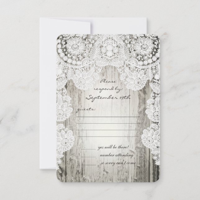 Rustic Country Faux Lace Barn Wood Wedding RSVP Card (Front)