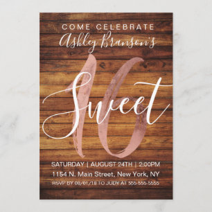 Rustic Country Faux Rose Gold Foil Wood Sweet 16 Invitation