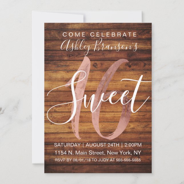 Rustic Country Faux Rose Gold Foil Wood Sweet 16 Invitation (Front)