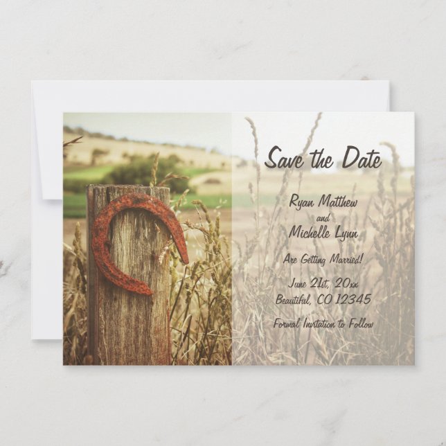 Rustic Country Fence and Horseshoe Save the Date Invitation (Front)