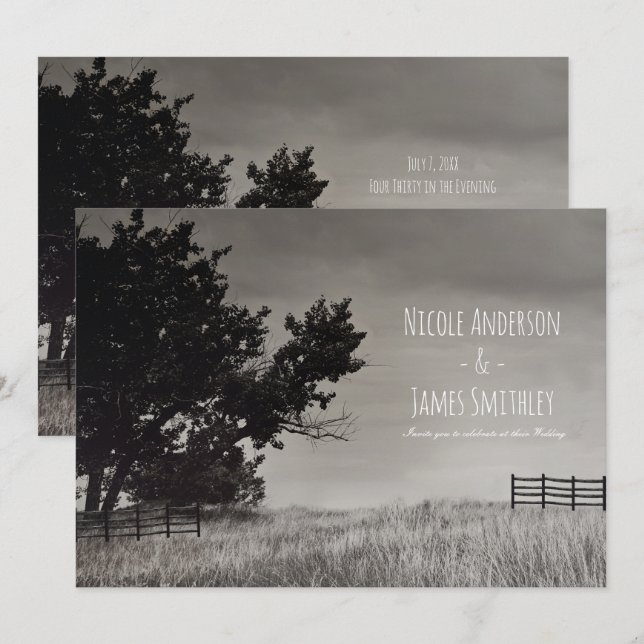 Rustic Country Field Black White Country Wedding  Invitation (Front/Back)